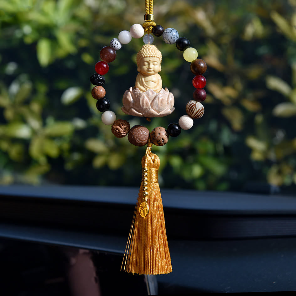 Breloque pour voiture | Graine de Bodhi, Lotus, Symbole Bouddha Fu, 40 cm
