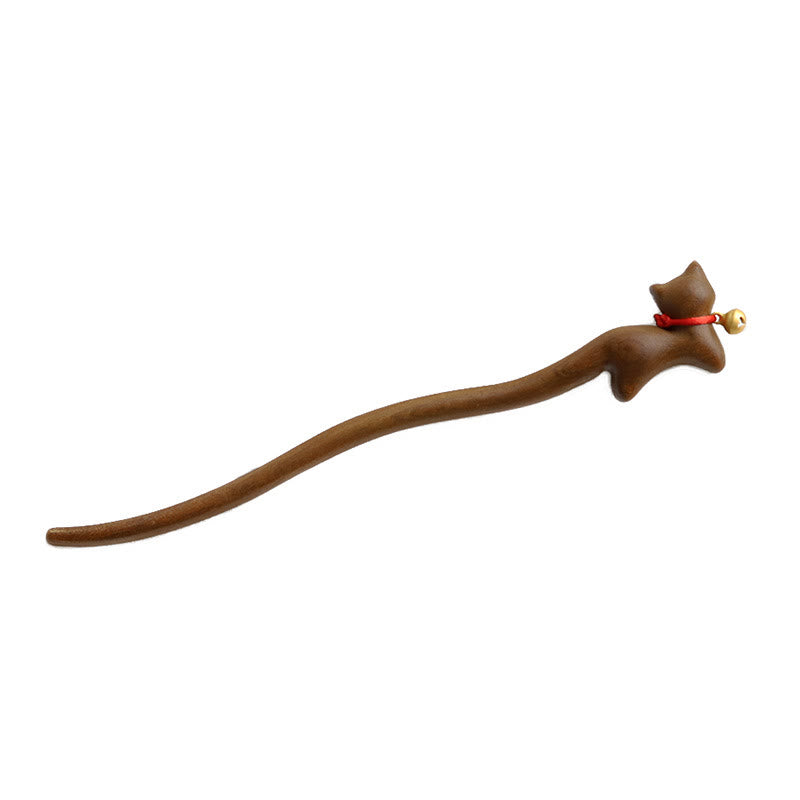 Épingle à cheveux chinoise en bois de santal en forme de chat pour la protection et le calme