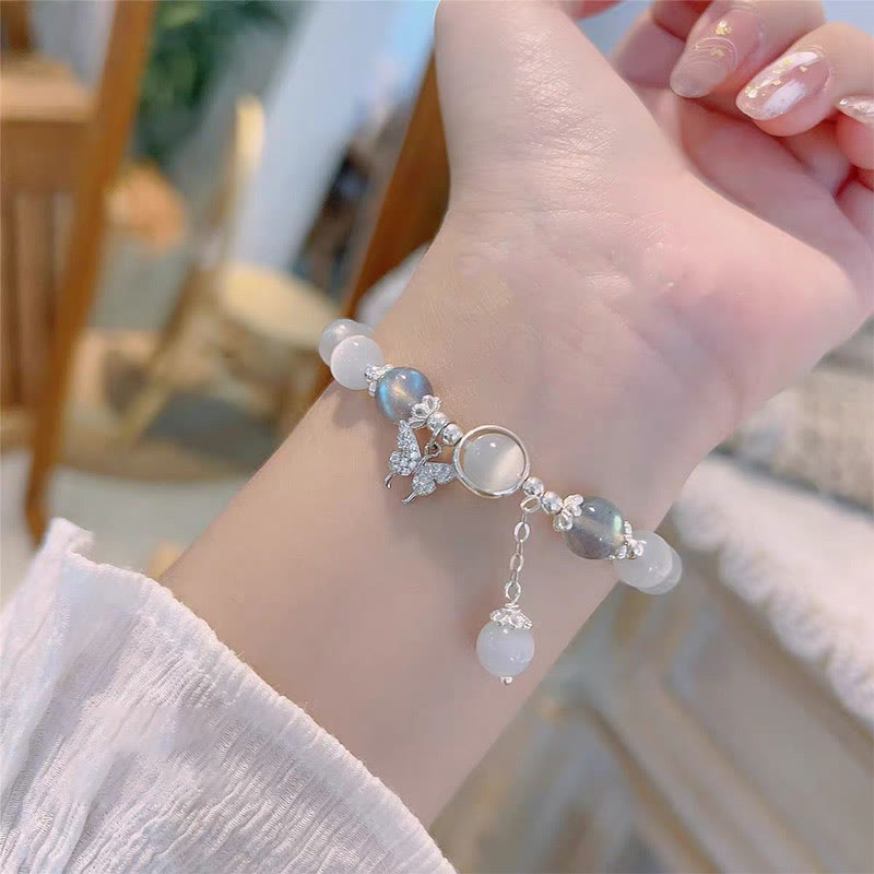 Bracelet œil de chat en pierre de lune avec breloque papillon ou étoile pour l'équilibre