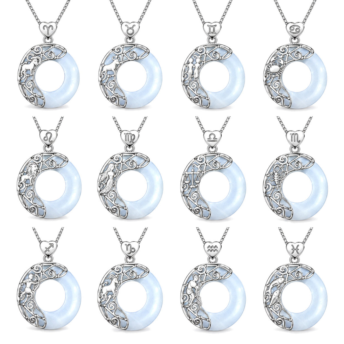 925 Sterling Silver Cat's Eye Zodiac Necklace for Love Support, every variant on a white background