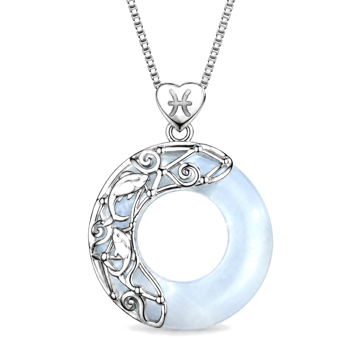 925 Sterling Silver Cat's Eye Zodiac Necklace for Love Support, Pisces, on a white background