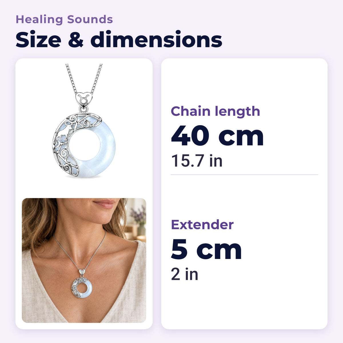 925 Sterling Silver Cat's Eye Zodiac Necklace for Love Support, size and dimensions in millimetres and inches