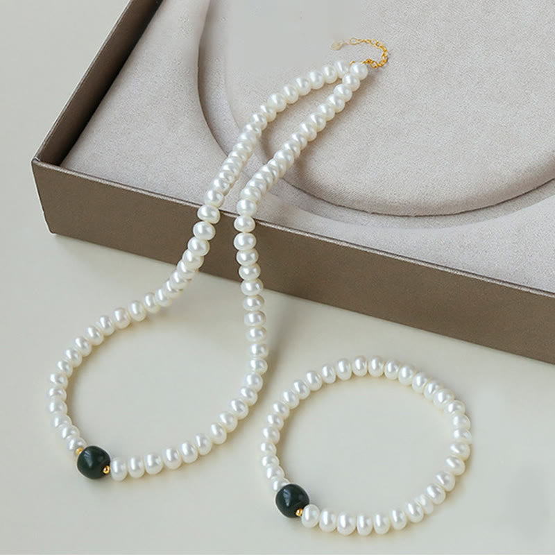 Pearl Hetian Jade & Aquamarine 42cm Necklace Bracelet