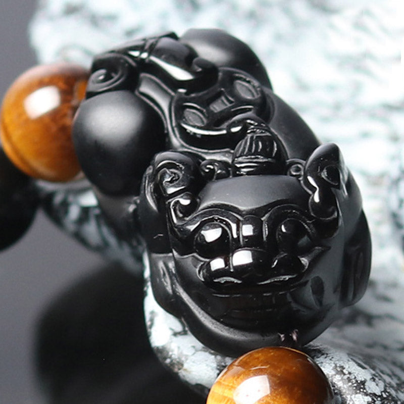 10mm Pixiu Bracelet with Rainbow Obsidian & Tiger Eye for Wealth