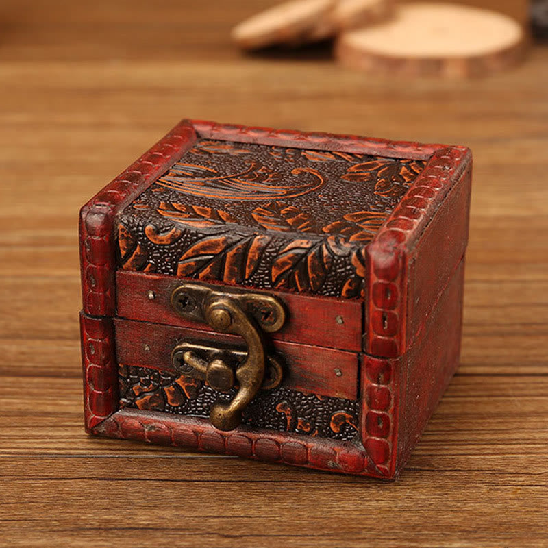 Retro Small Square Wood Jewelry Box with Lotus Design
