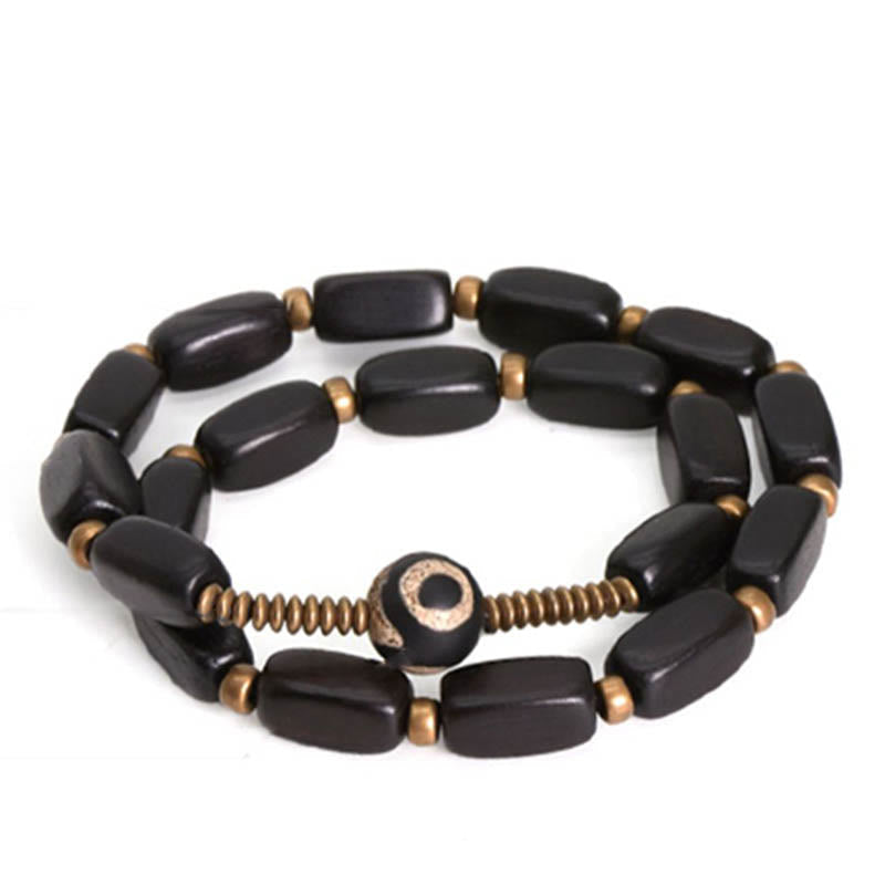 Ebony Wood Double Wrap Bracelet with Dzi Beads for Balance
