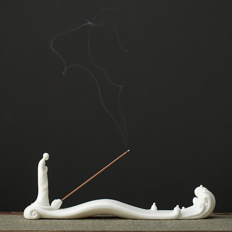 Ceramic Incense Burner with Buddha Monk | 26-32cm Handmade Decor