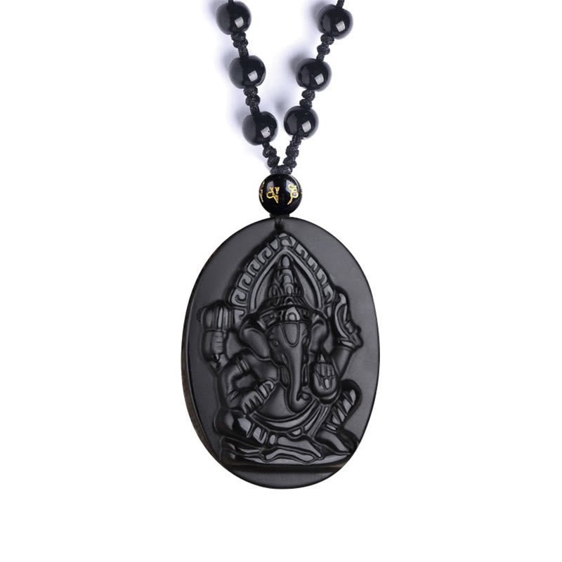 Obsidian Ganesh Elephant Wealth Amulet Necklace 56cm