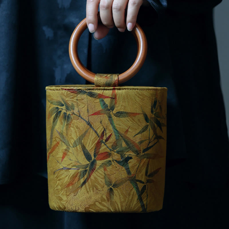 Spiritual Bamboo Leaf Butterfly Wood Handle Handbag