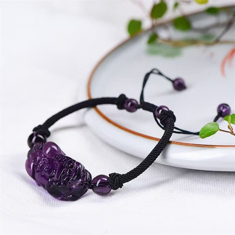 Pixiu Protection Bracelet with Obsidian, Amethyst & Citrine Stones