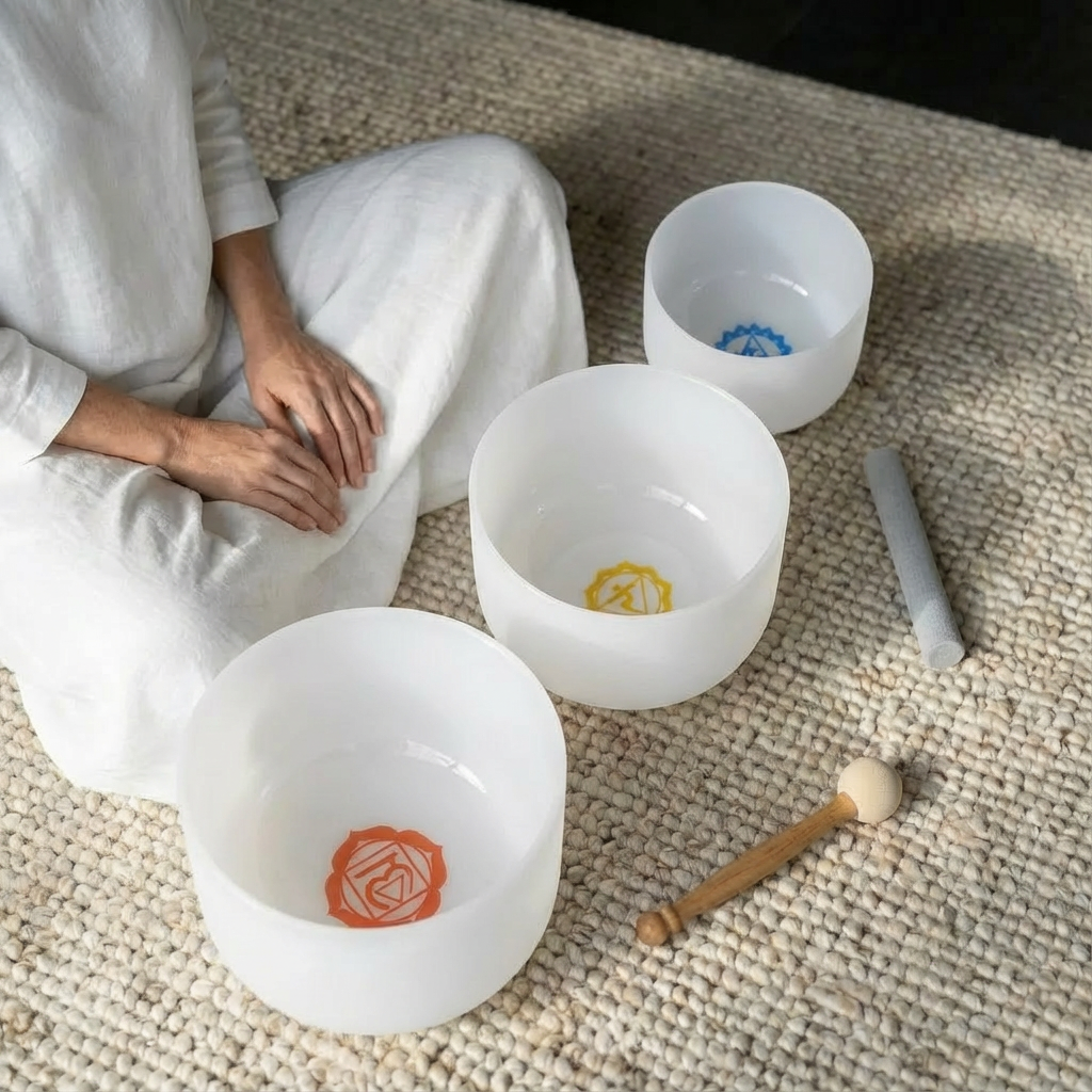 Ensemble de 3 bols chantants en cristal avec symboles de chakra 8"G 10"E 12"C