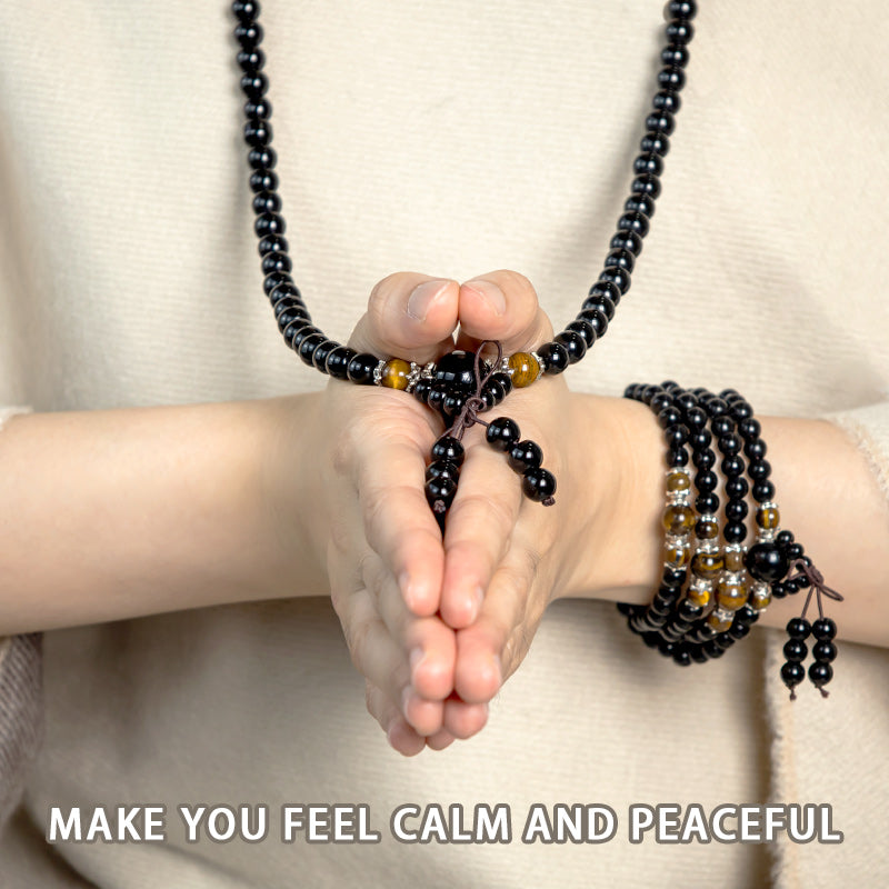 6mm Black Obsidian & Tiger Eye Mala Bracelet for Protection