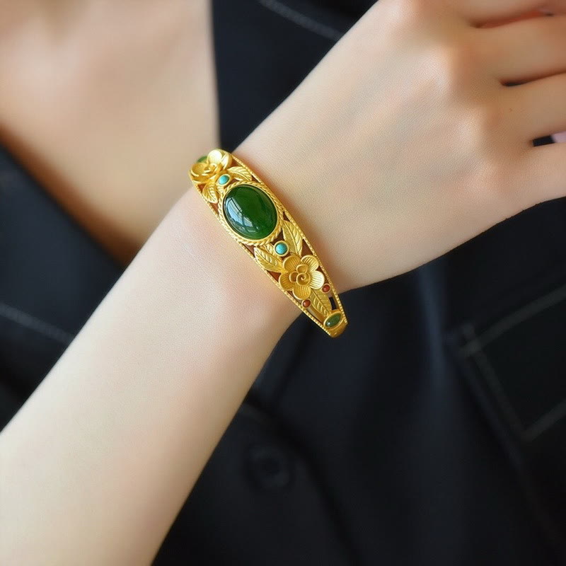 Harmony Luck Jade Bracelet with Flower Leaf Design
