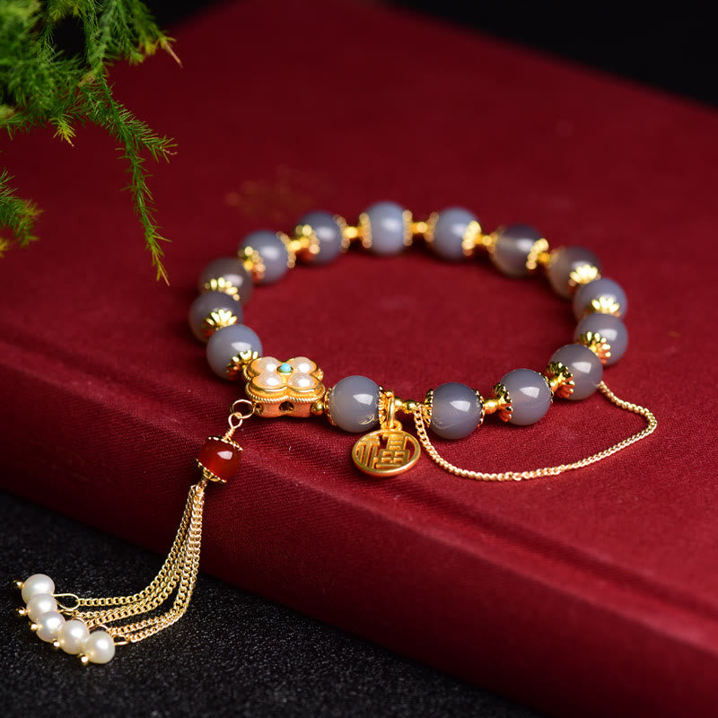 8mm Gray Agate Fu Character Balance Bracelet