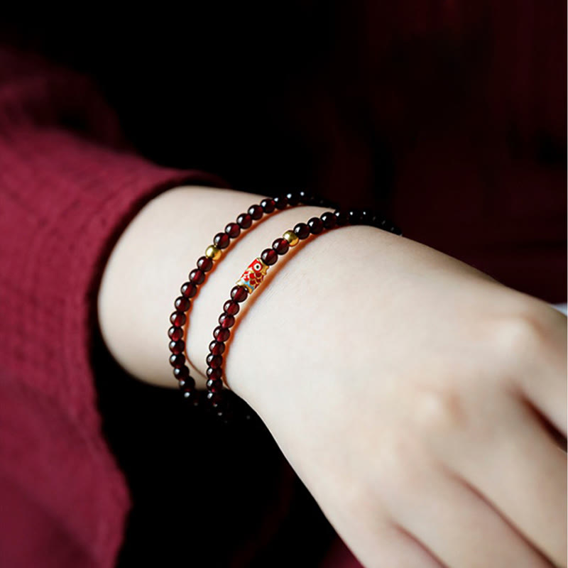 5mm Garnet Bracelet with 999 Gold Koi Fish for Protection