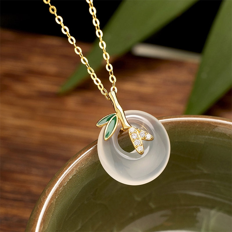 Natural Chalcedony Bamboo Leaf Peace Buckle Spiritual Necklace