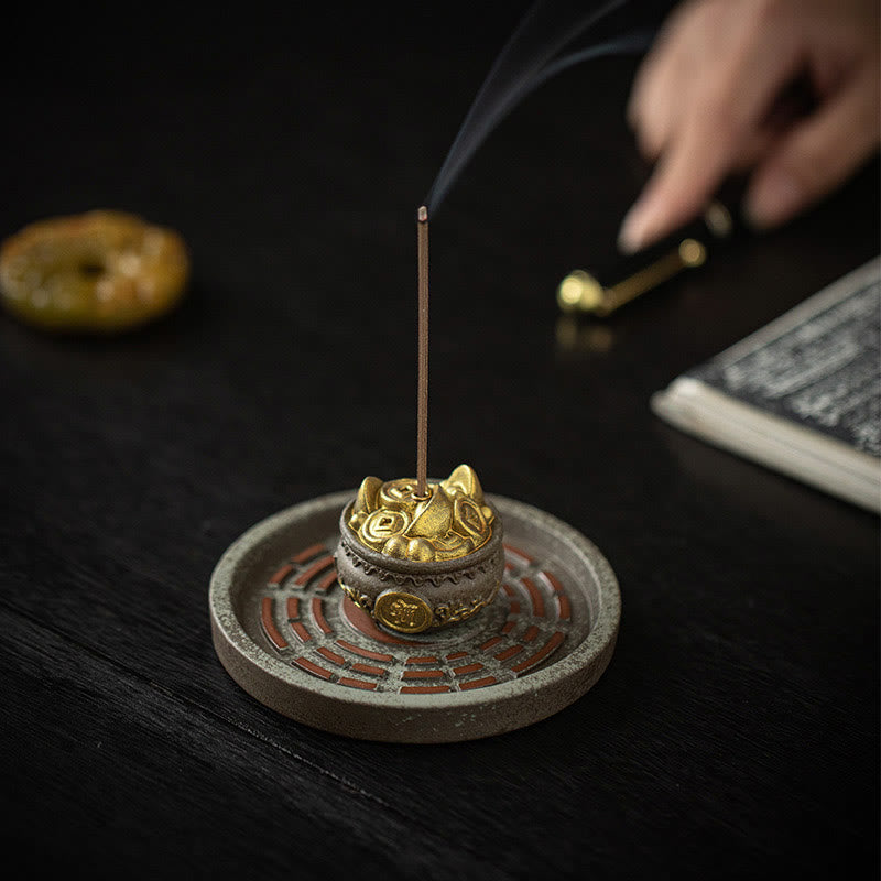 Brûle-encens Bagua en céramique | Ensemble bol à trésors et sac porte-bonheur