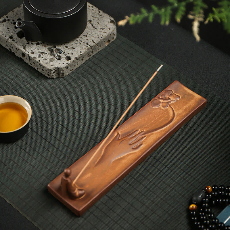 Brûleur d'encens en céramique en forme de main de Bouddha et de lotus pour la guérison spirituelle