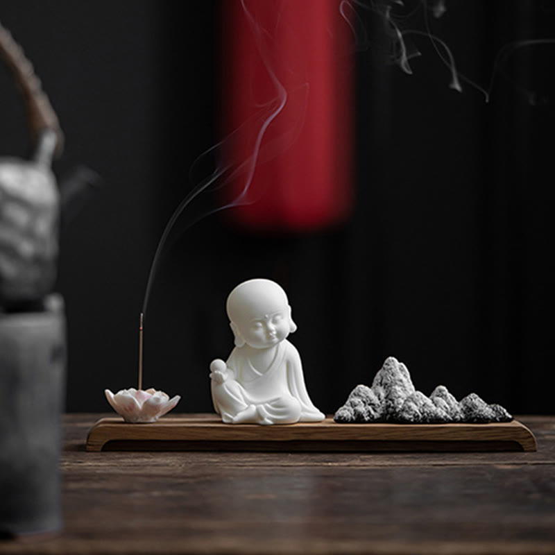 Brûleur d'encens Bouddha en céramique avec motifs de lotus et de méditation