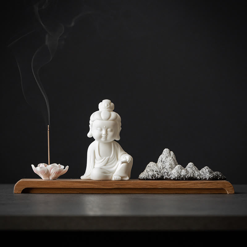 Brûleur d'encens Bouddha en céramique avec motifs de lotus et de méditation
