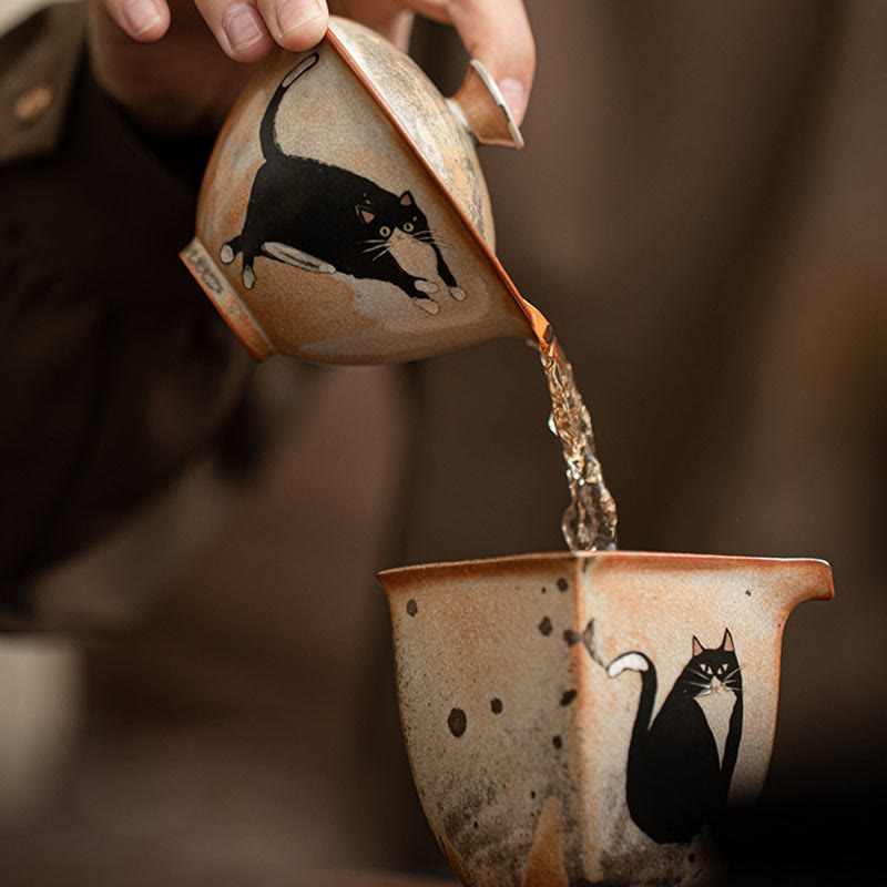 Tasse à thé Gaiwan en céramique avec couvercle, motif chat, 130 ml, pour rituels du thé