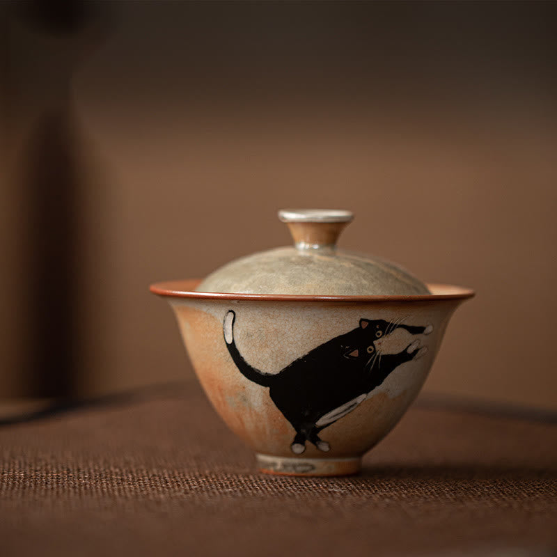 Tasse à thé Gaiwan en céramique avec couvercle, motif chat, 130 ml, pour rituels du thé