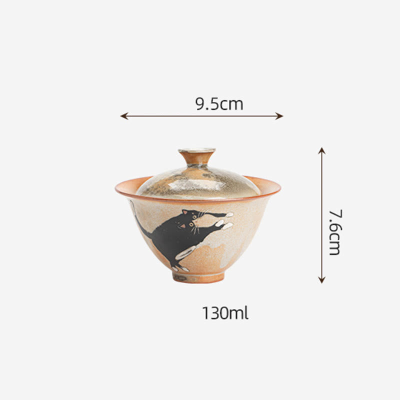 Tasse à thé Gaiwan en céramique avec couvercle, motif chat, 130 ml, pour rituels du thé