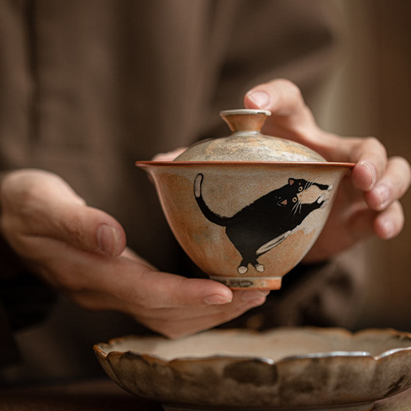 Tasse à thé Gaiwan en céramique avec couvercle, motif chat, 130 ml, pour rituels du thé
