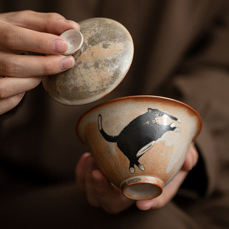 Tasse à thé Gaiwan en céramique avec couvercle, motif chat, 130 ml, pour rituels du thé