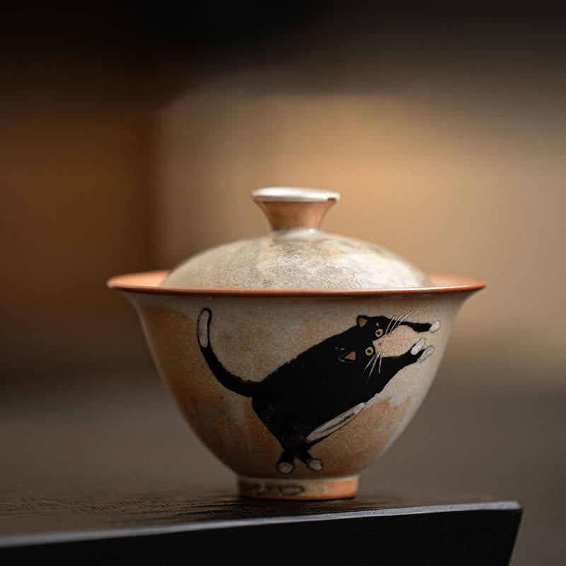 Tasse à thé Gaiwan en céramique avec couvercle, motif chat, 130 ml, pour rituels du thé