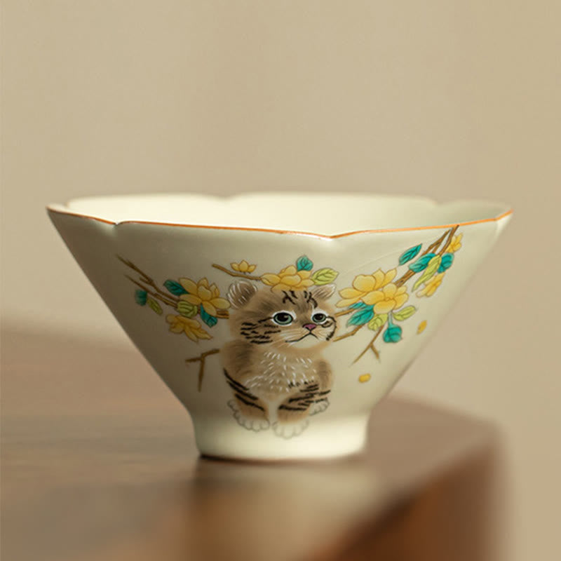 Tasses à thé Kung Fu en céramique motif chat et lapin pour une décoration zen