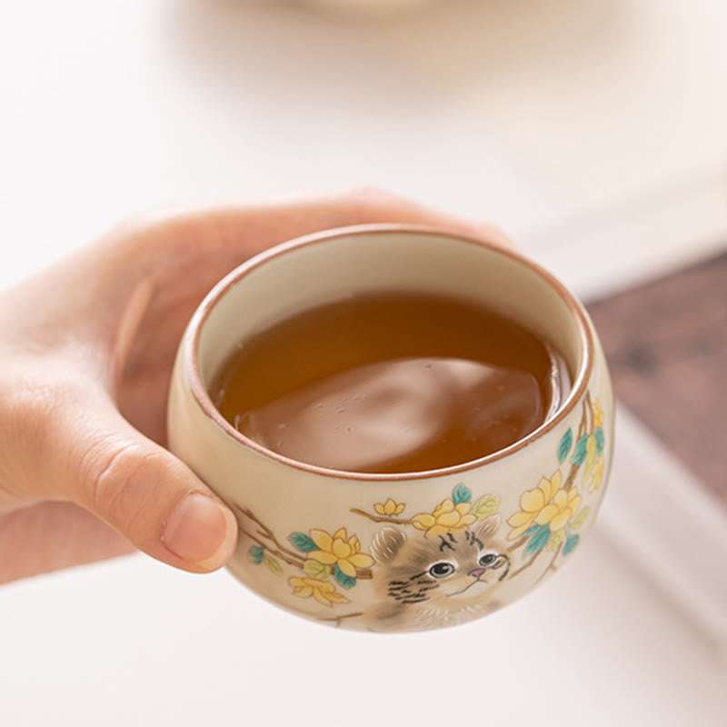 Tasses à thé Kung Fu en céramique motif chat et lapin pour une décoration zen