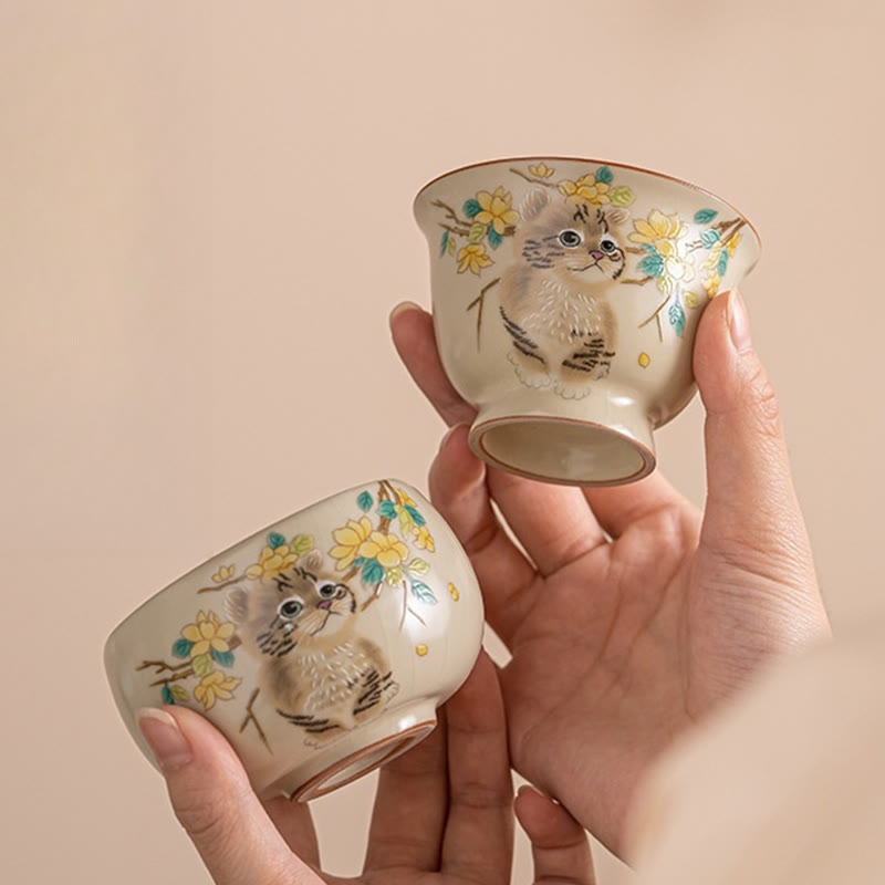 Tasses à thé Kung Fu en céramique motif chat et lapin pour une décoration zen