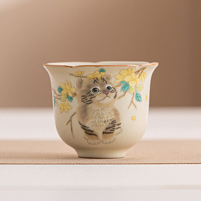 Tasses à thé Kung Fu en céramique motif chat et lapin pour une décoration zen