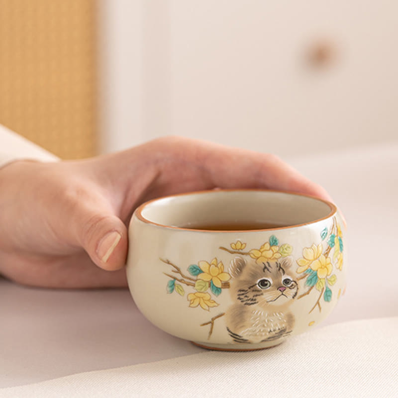 Tasses à thé Kung Fu en céramique motif chat et lapin pour une décoration zen