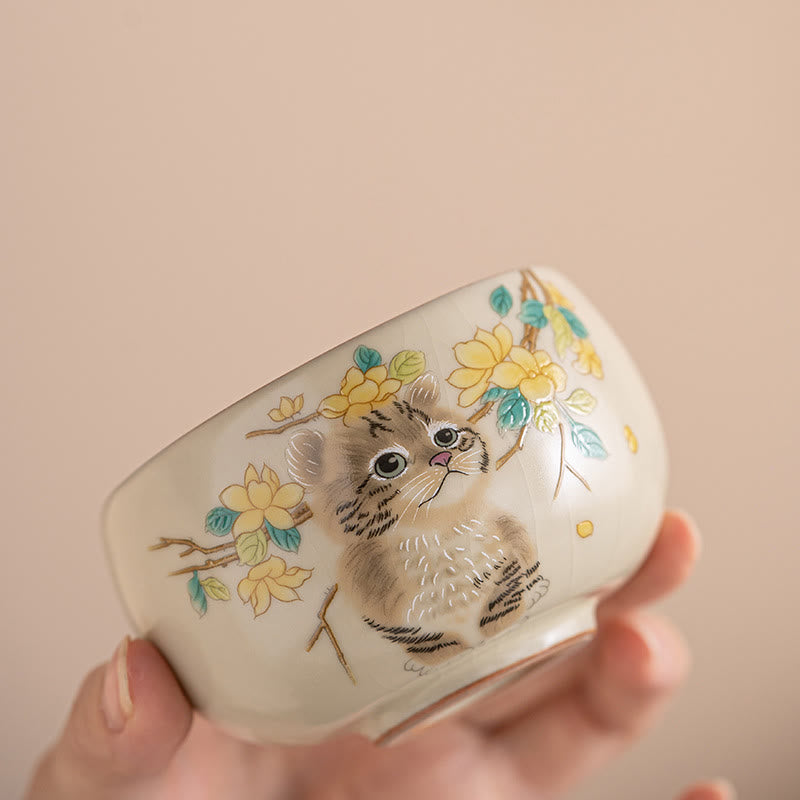 Tasses à thé Kung Fu en céramique motif chat et lapin pour une décoration zen