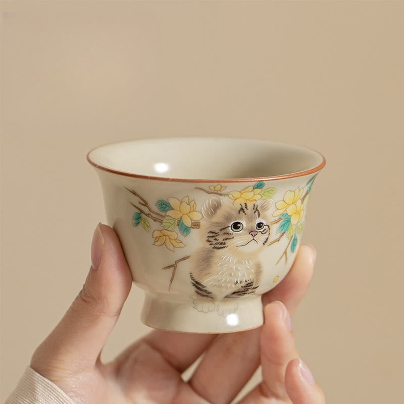 Tasses à thé Kung Fu en céramique motif chat et lapin pour une décoration zen