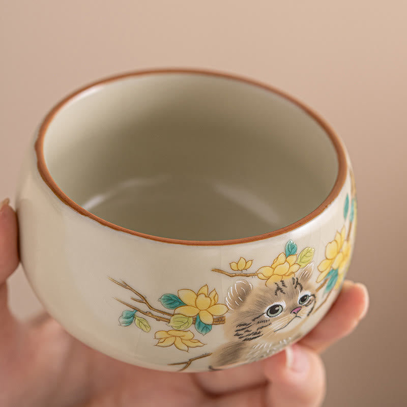Tasses à thé Kung Fu en céramique motif chat et lapin pour une décoration zen