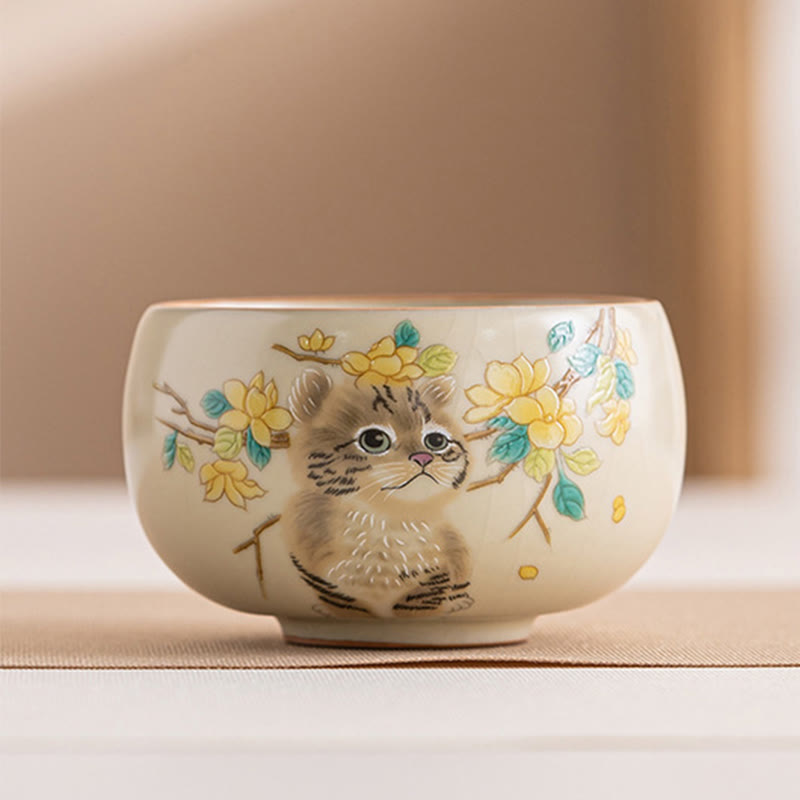Tasses à thé Kung Fu en céramique motif chat et lapin pour une décoration zen