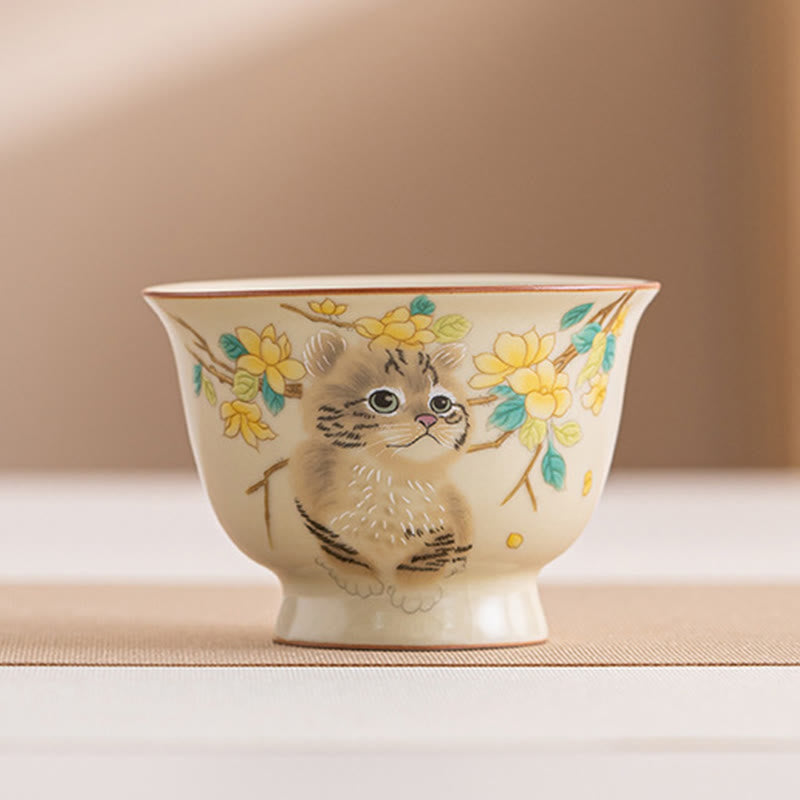 Tasses à thé Kung Fu en céramique motif chat et lapin pour une décoration zen