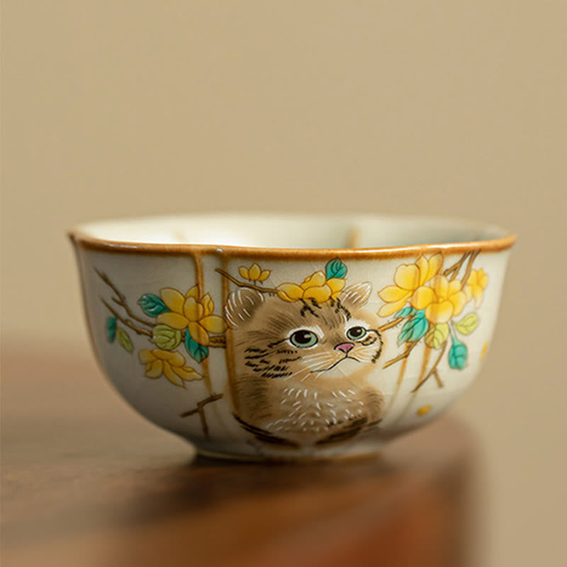 Tasses à thé Kung Fu en céramique motif chat et lapin pour une décoration zen
