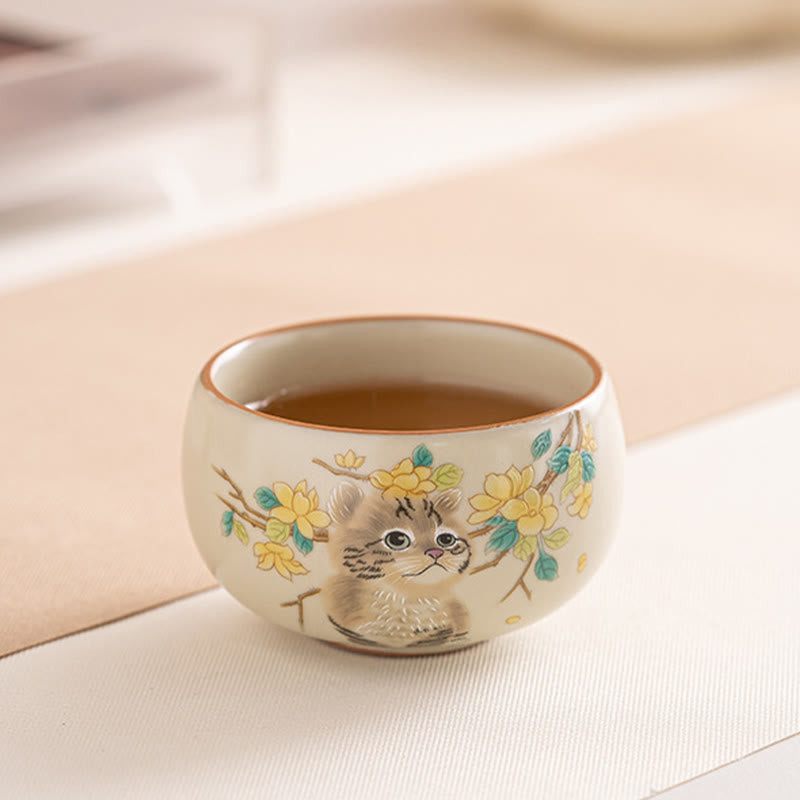 Tasses à thé Kung Fu en céramique motif chat et lapin pour une décoration zen