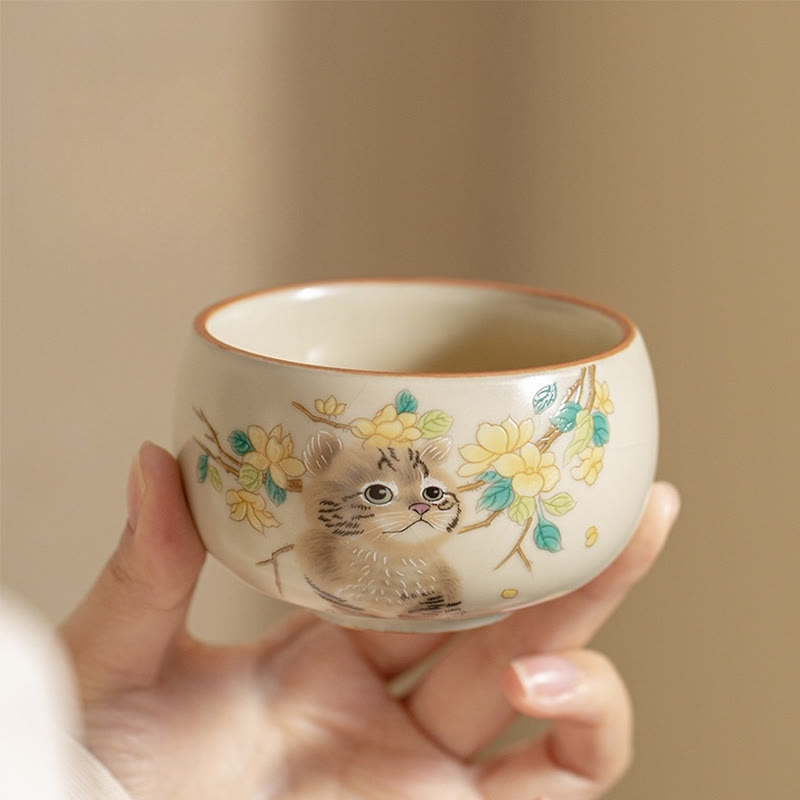 Tasses à thé Kung Fu en céramique motif chat et lapin pour une décoration zen
