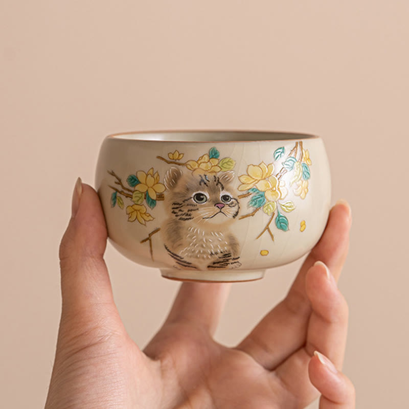 Tasses à thé Kung Fu en céramique motif chat et lapin pour une décoration zen