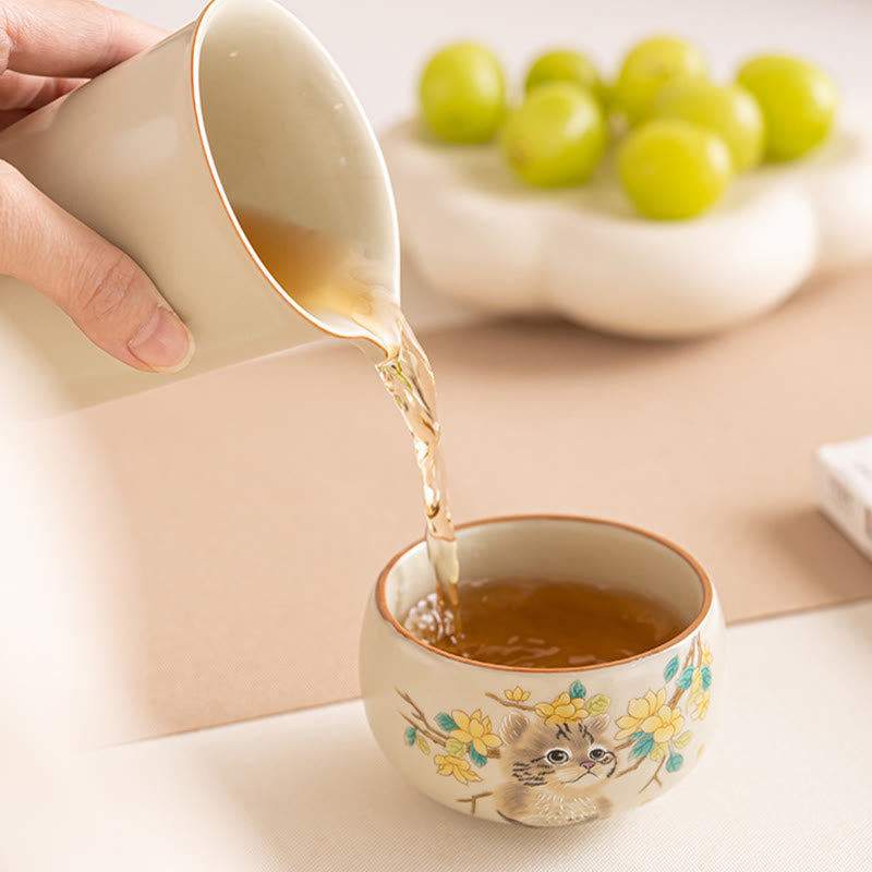 Tasses à thé Kung Fu en céramique motif chat et lapin pour une décoration zen