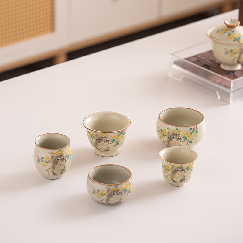 Tasses à thé Kung Fu en céramique motif chat et lapin pour une décoration zen