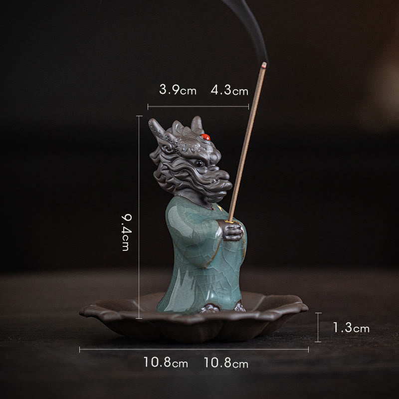 Brûleur d'encens en céramique en forme de dragon avec base en lotus et symbole Fu