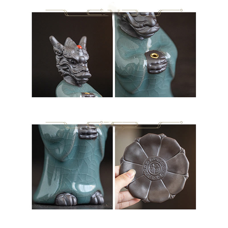 Brûleur d'encens en céramique en forme de dragon avec base en lotus et symbole Fu