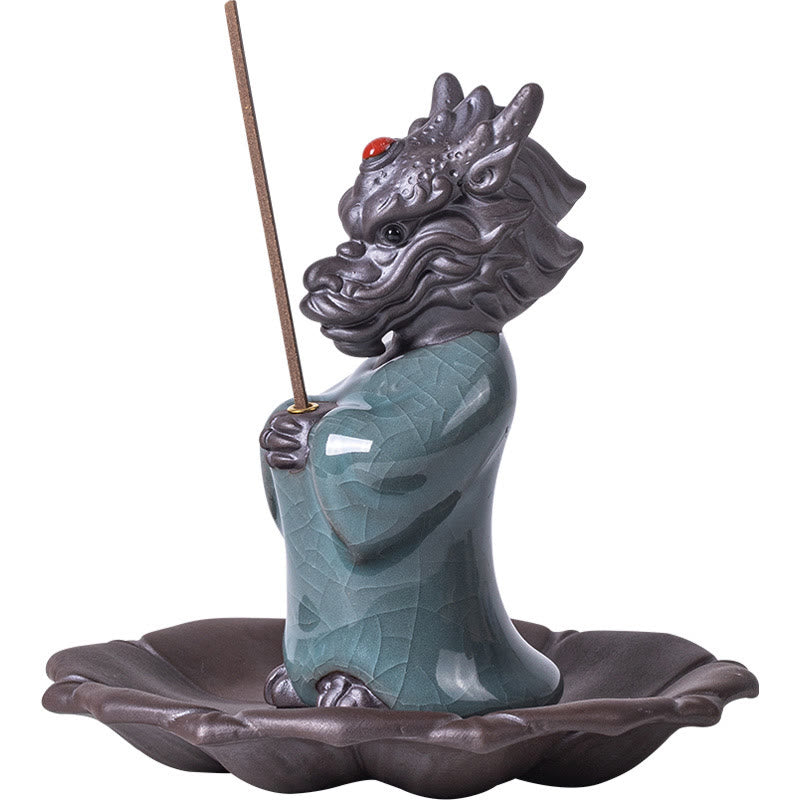 Brûleur d'encens en céramique en forme de dragon avec base en lotus et symbole Fu
