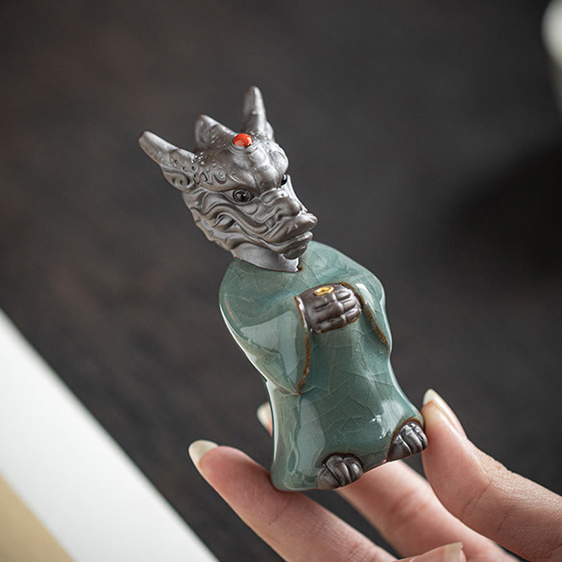 Brûleur d'encens en céramique en forme de dragon avec base en lotus et symbole Fu